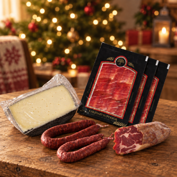 Lote nº17 Gourmet: 4 Sobres de Jamón Cortado a Cuchillo, Medio Queso, Cabecero, Chorizo y Salchichón – ¡El Sabor Auténtico para tus Celebraciones! 🍖🧀